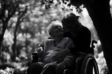Naklejka premium Elderly Woman in Wheelchair Receiving a Kiss from a Woman