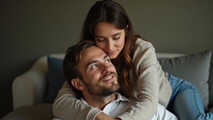 Obraz premium A couple enjoying a cozy moment together on a couch in their living room during a quiet afternoon at home