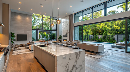 Fototapeta premium Discover a modern kitchen featuring sleek design and elegant marble countertops, bathed in natural light, offering a seamless blend of luxury and functionality.