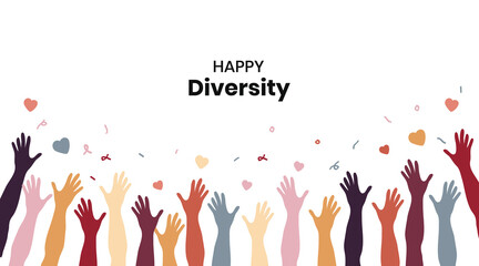 Raised hands of volunteer group, colorful banner.