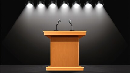 A podium with two microphones under spotlight, ready for a speech or presentation.