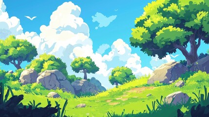 Fototapeta premium A Tranquil Path Through a Lush Green Landscape with Bright Blue Skies and Fluffy Clouds