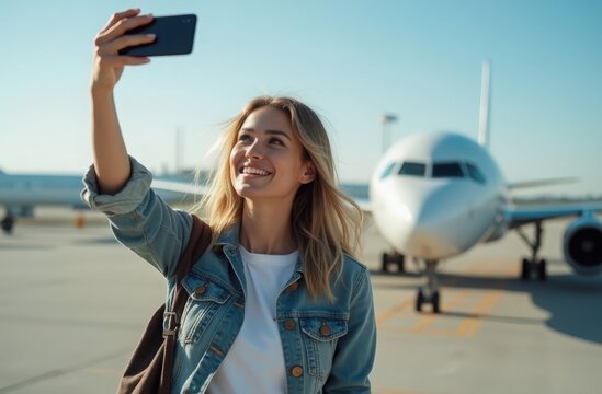 Young woman takes a cheerful selfie at the airport with an airplane in the background during a sunny day