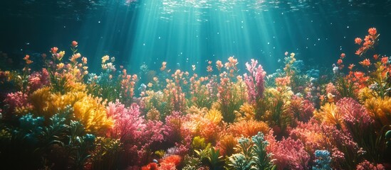Fototapeta premium Underwater scene with a variety of colorful coral and a sunbeam shining through the water.