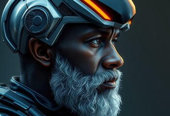 A futuristic soldier in a sleek helmet with an orange visor and a striking white beard, poised for action against a dark background