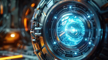 Close-up of a futuristic, metallic orb with a glowing blue core.