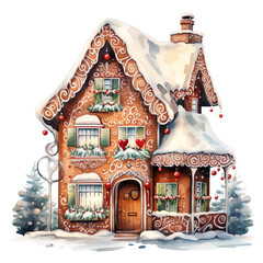 Christmas gingerbread house watercolor illustration detailed icing holiday decorations, festive greeting cards,seasonal decor,cozy winter ,snow,invitation,greeting,card,clipart,story,book,telling,diy