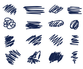 Abstract blue pen sketch random scribbles set isolated on white background hand- drawn. Vector illustration