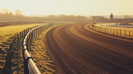 Fototapeta premium A horse racing track with fences and horses, countryside setting, Rustic style