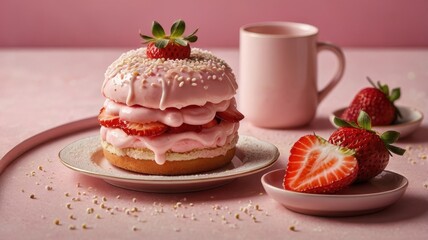 Pink donut with strawberry frosting sits on a plate