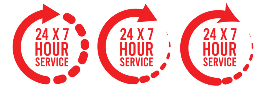 24 hours clock icon. Work time symbol. Delivery signs. Service symbols. Support, business icons. Shop open. Black, blue color. Vector sign.