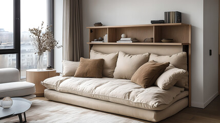Fototapeta premium Discover a stylish solution for small living spaces with this modern, space-saving design that combines comfort and functionality in a cozy apartment setting.