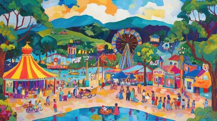 Obraz premium A Vibrant Fairground Scene with a Ferris Wheel and Carousel