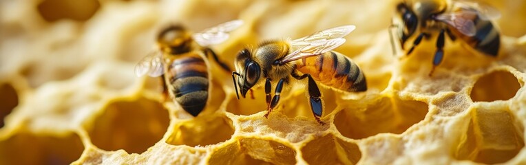 Bees engage in the intricate task of building and maintaining honeycomb, showcasing their diligent efforts in a bright, sunny environment