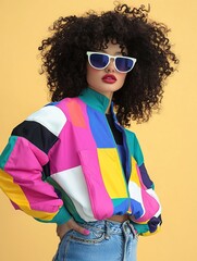 A beautiful woman in a colorful windbreaker jacket, white sunglasses, and blue jeans poses on a pink background.