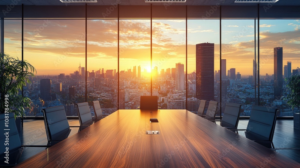 Poster modern boardroom with a large window view of a cityscape