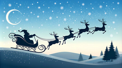 Naklejka premium Night Father Christmas Reindeer Sleigh Truck Silhouette Christmas Illustration