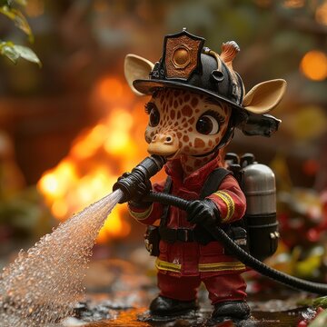 A toy giraffe dressed as a firefighter, holding a hose and spraying water on a fire in the background.