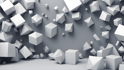 Abstract geometric shapes of white cubes and pyramids floating in a grey space.