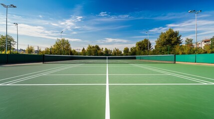 Fototapeta premium A large outdoor tennis court with a freshly painted surface, white net in the center, and green surroundings