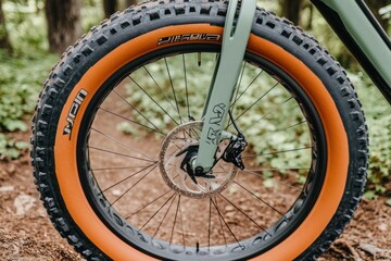Fototapeta premium Close-up of a fat bike wheel with an orange rim and a disc brake.