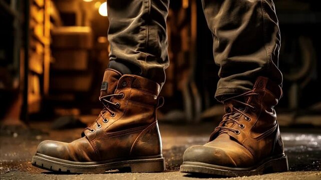 Construction worker wearing rugged brown leather work boots is standing in an industrial setting, showcasing the durability and reliability of his footwear