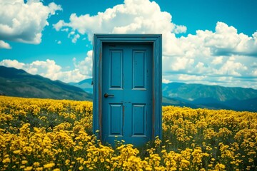 Rustic Blue Door in a Field of Yellow Flowers.generative AI

