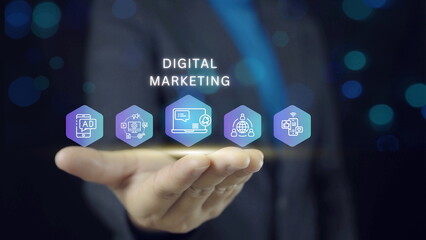 Hand shows the sign and icon of Digital marketing internet advertising and sales increase business technology concept, online marketing, E-business, Ecommerce, Business online.