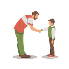 Fototapeta premium portrait of man bends down shaking hands with boy flat design
