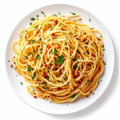 Spaghetti with herbs and red pepper flakes.