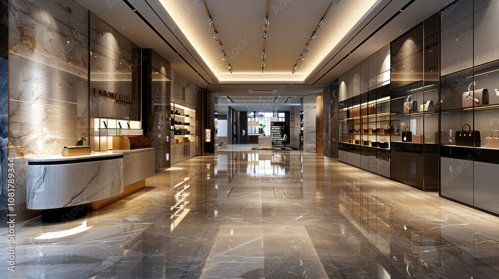 Poster empty showroom with glossy floors and ambient lighting