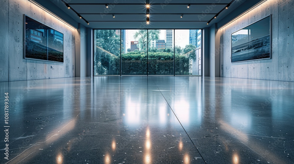 Poster empty showroom with glossy floors and ambient lighting