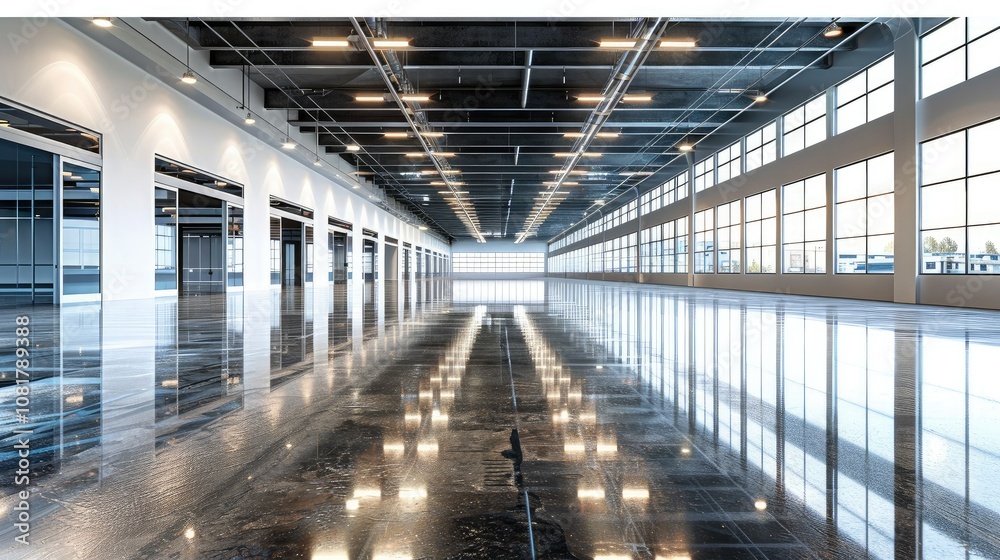 Poster empty showroom with glossy floors and ambient lighting