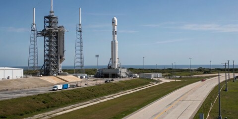Advanced Reusable Rocket Launchpad and Satellite Deployment Technology at a Modern Spaceport Showcasing High Depth of Field and Innovative Space Exploration Solutions