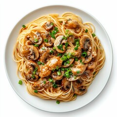 Spaghetti with mushrooms and green onions.