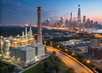 Obraz premium Aerial Night View of a Gas and Power Plant Complex Overlaid with a Cityscape in Double Exposure Photography, Capturing Energy and Urban Life in a Stunning Visual Contrast