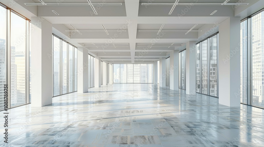 Poster Empty office space with a minimalist design and large windows