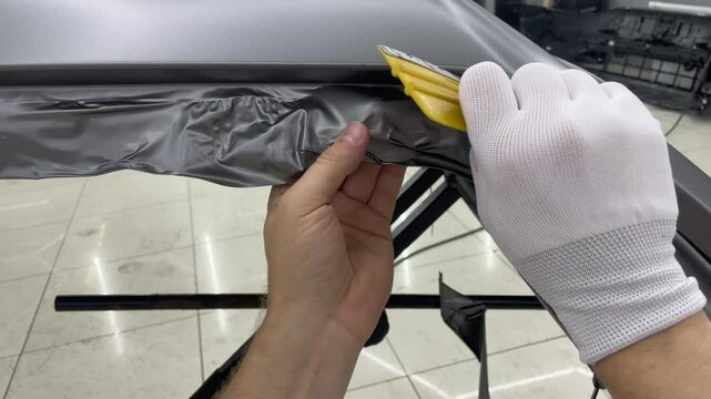 A specialist in wrapping a car with gray matte vinyl or ppf film in the process of work. Car wrapping specialists cover the car with gray matte vinyl film. Gray matte vinyl foil. Selective focus.