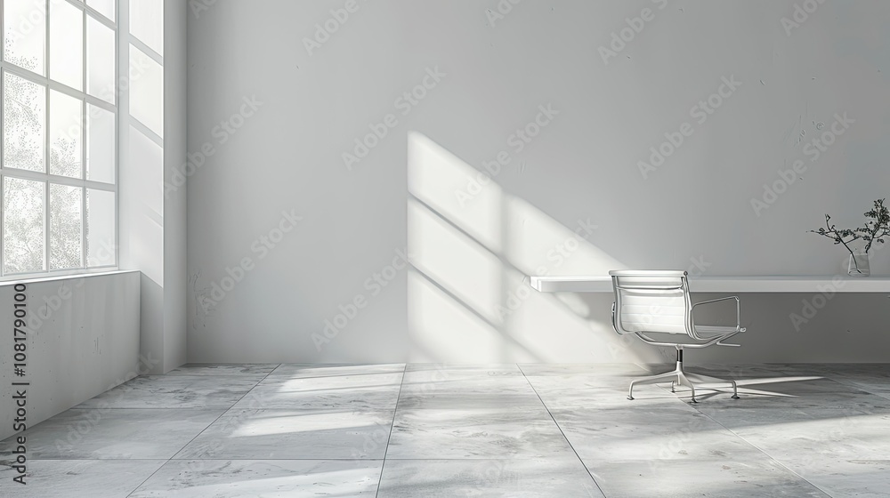 Poster empty minimalist office with white walls and a single desk