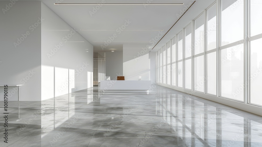 Poster empty minimalist office with white walls and a single desk