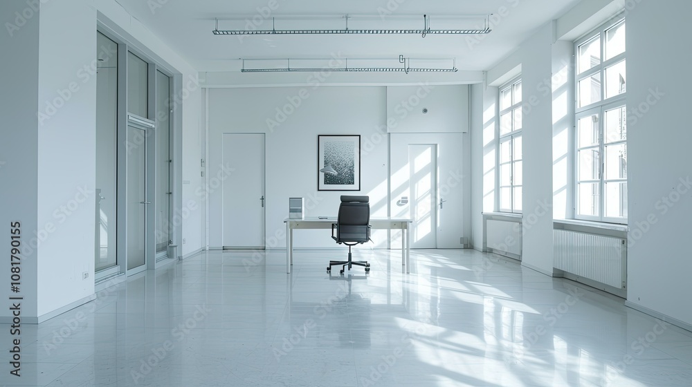 Poster empty minimalist office with white walls and a single desk