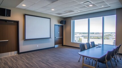Fototapeta premium Modern Conference Room with Large Window and Projector Screen