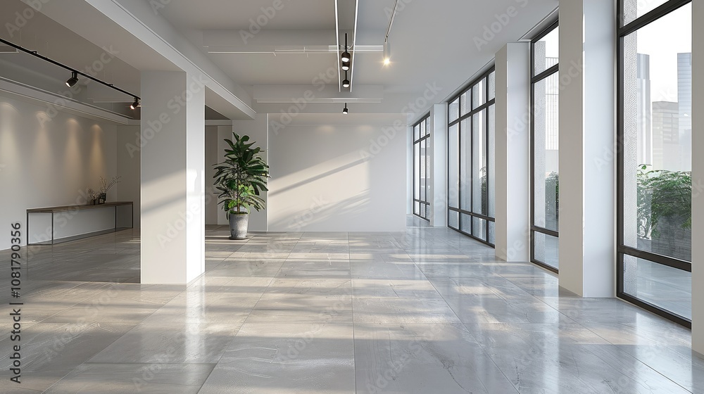 Poster empty minimalist office with white walls and a single desk