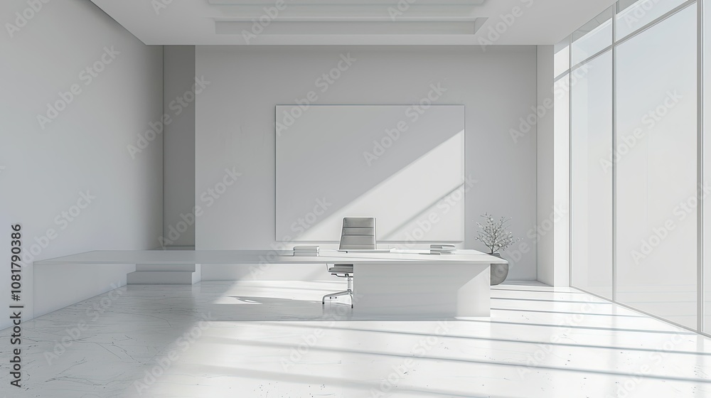 Poster empty minimalist office with white walls and a single desk