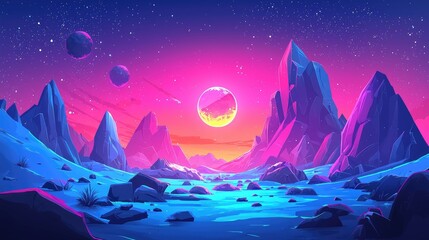 Fototapeta premium A Vibrant, Fantasy Landscape with a Blue Lake, Pink Sky, and Stars