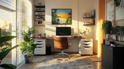 A functional home office setup with creative decor and a spacious desk, offering a productive and stylish workspace at home