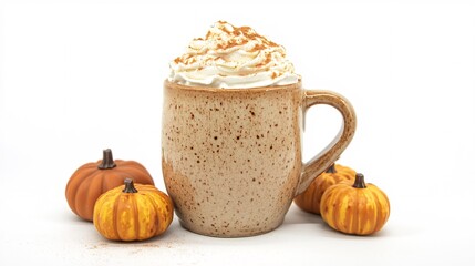 4.A seasonal pumpkin spice latte in a simple, rustic mug, overflowing with whipped cream and gently dusted with cinnamon powder. The latte is surrounded by small decorative pumpkins, creating a cozy