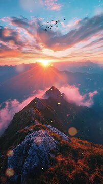 Breathtaking Sunrise Over Serene Mountain Peak With Clouds Background. Seamless looping motion design. Video animation. A stunning sunrise illuminates a tranquil mountain peak, vibrant clouds