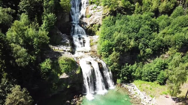 Drone shot of the waterfall Piumogna around Faido, Ticino, Switzerland.