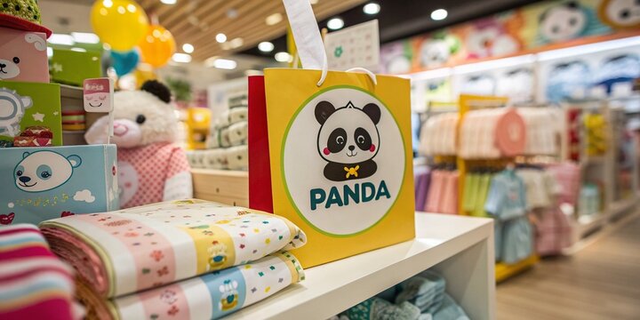 Aerial View of a Charming Baby Shop Featuring a Cartoon Panda Logo on Gift Vouchers Surrounded by Baby Products and Soft Toys in a Bright and Cheerful Environment